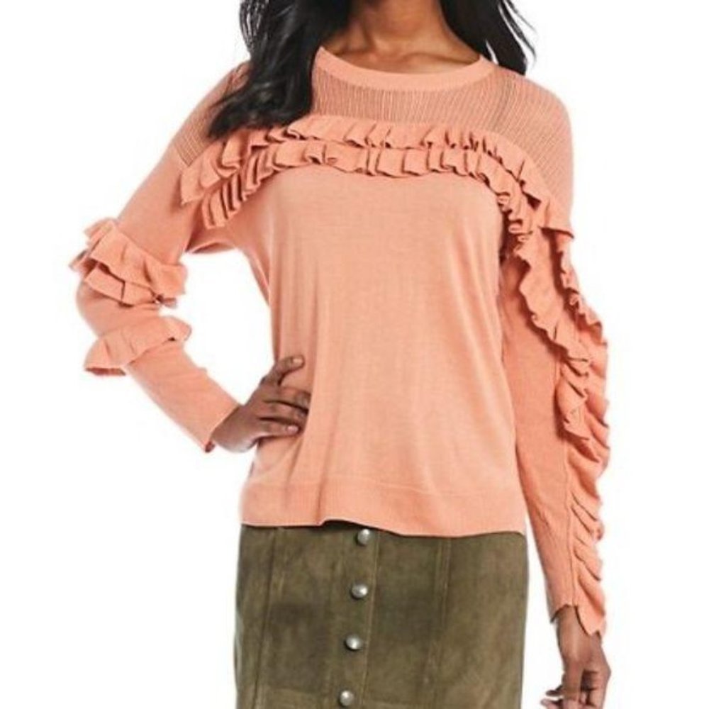Gianni Bini Myra Salmon Peach French Twist Ruffle Long Sleeve Sweater Large 12